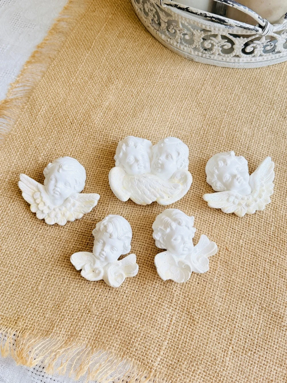 Vintage 80’s Scioto White Ceramic Cherub Plaques with Iridescent Wings Set of 5